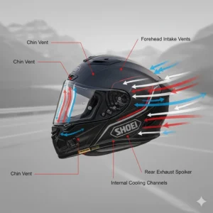 Airflow illustration for a motorcycle helmet ventilation system, showing cooling efficiency for the best full face motorcycle helmet Canada during hot summer tours.
