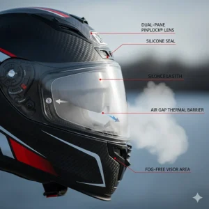 Technical diagram of a dual-pane Pinlock visor on a full face helmet, prevented from fogging during cold Canadian morning commutes in Ontario or Quebec.