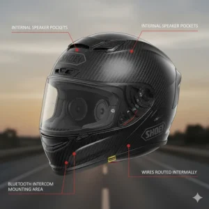 Diagram showing internal speaker pockets and intercom mounting area for a Bluetooth-ready full face motorcycle helmet popular with Canadian touring groups.