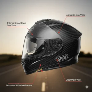Illustration of a motorcycle helmet with a drop-down internal sun shield, ideal for glare protection on long Canadian highway rides like the Trans-Canada.