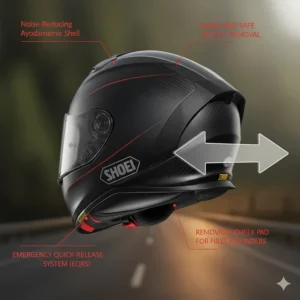 Illustration of the Emergency Quick Release System (EQRS) on a full face helmet, a key safety feature for the best full face motorcycle helmet Canada.