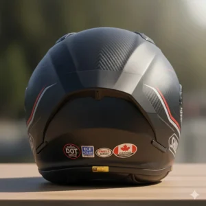 Illustration of safety certification labels (DOT and ECE) on a helmet, ensuring it meets the best full face motorcycle helmet Canada legal requirements for road safety.