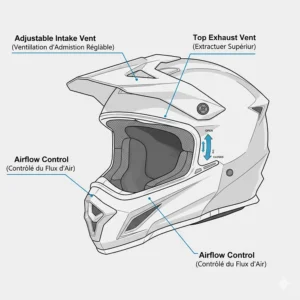 Close-up of adjustable helmet vents (ventilation réglable) for temperature control in Canadian winter and spring seasons.