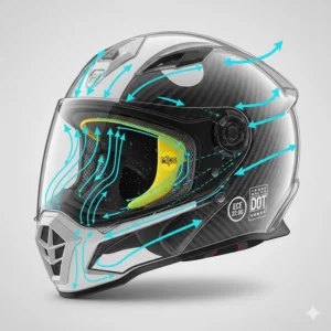 Diagram showing internal airflow and adjustable vents in an adventure motorcycle helmet to manage humidity and heat during summer rides.