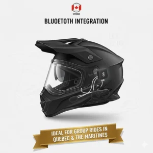 Illustration of internal speaker pockets and Bluetooth compatibility for adventure helmets, ideal for group rides in Quebec and the Maritimes.