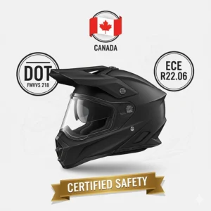 Illustration of DOT and ECE safety certifications for the best value adventure helmet sold in Canada.