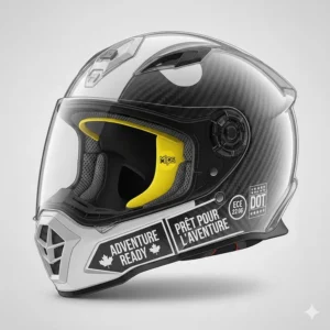 A graphic featuring an adventure motorcycle helmet with bilingual text: "Adventure Ready" and "Prêt pour l'aventure" for the Canadian market.