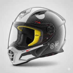 Technical illustration of an adventure motorcycle helmet showing MIPS technology and ECE 22.06 safety certification for Canadian riders.