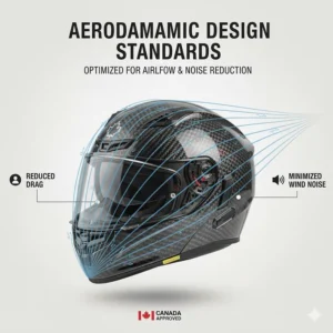 Illustration of airflow over a carbon fiber motorcycle helmet shell designed to minimize wind noise and drag at highway speeds.