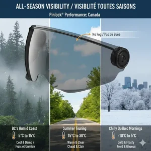 Infographic showing Pinlock performance in temperatures ranging from BC’s humid coast to Quebec's chilly mornings.