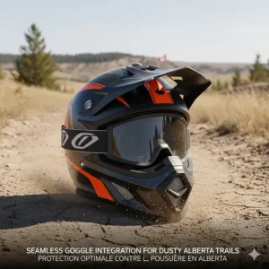 Close-up illustration of an ATV helmet with seamless goggle integration for dust protection on dry Alberta trails.