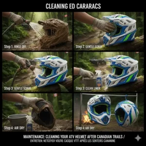 Step-by-step graphic on how to clean an ATV helmet after a muddy day on Canadian backcountry trails.