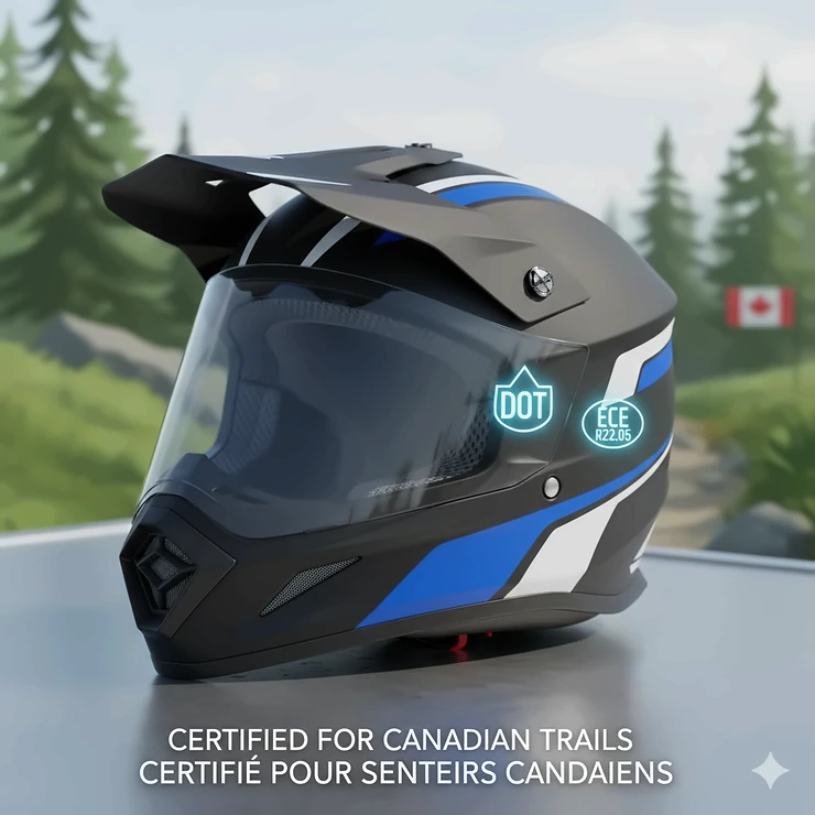 Diagram showing DOT and ECE safety certifications for an ATV helmet Canada riders can trust for legal trail use.