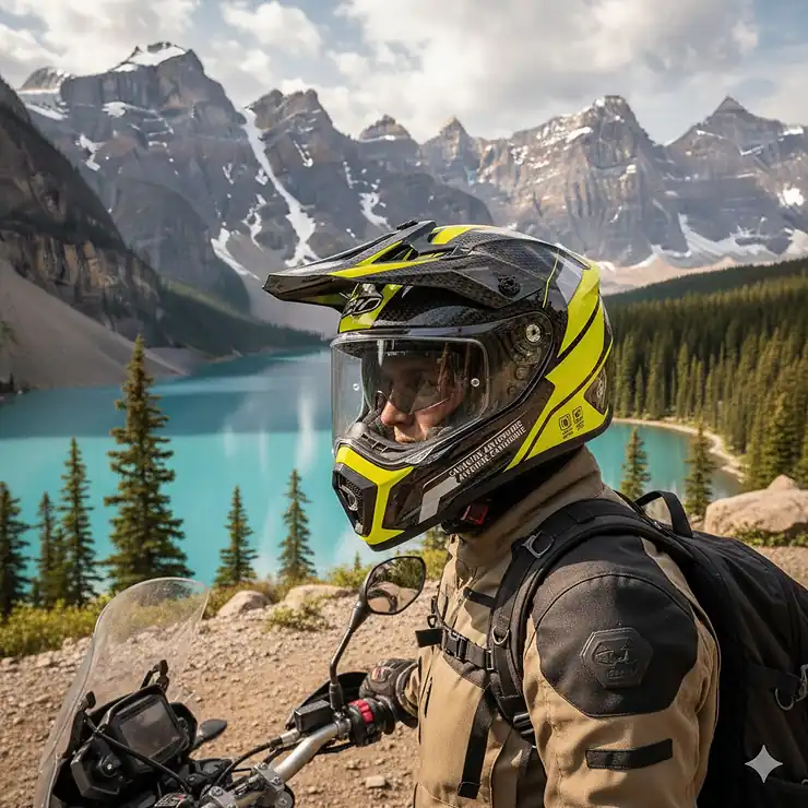 A rider wearing a premium adventure motorcycle helmet overlooks the turquoise waters of Moraine Lake, Alberta, during a dual-sport tour.