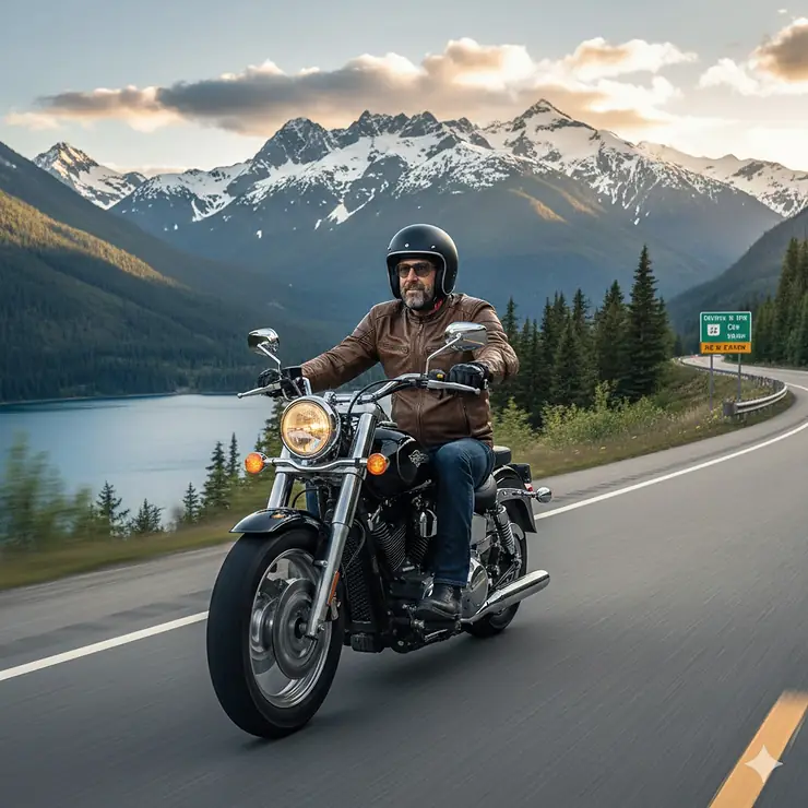 A motorcyclist wearing a matte black cruiser helmet riding through the Canadian Rockies in Alberta. cruiser helmet Canada