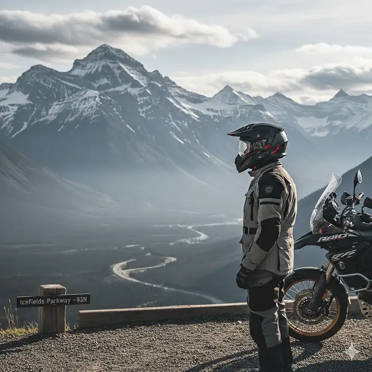 Professional rider wearing the best dual sport helmet for cold weather in Canada, overlooking a snowy mountain pass on the Icefields Parkway. Featuring an anti-fog dual-pane shield for winter riding. best dual sport helmet for cold weather Canada