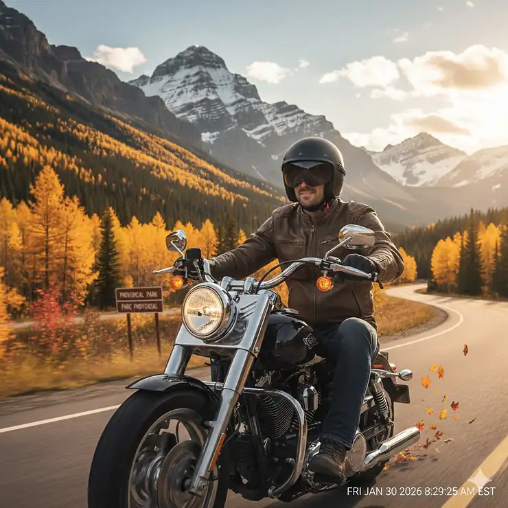 A motorcycle rider wearing a matte black half helmet with sun visor deployed, riding through the Canadian Rockies during autumn.