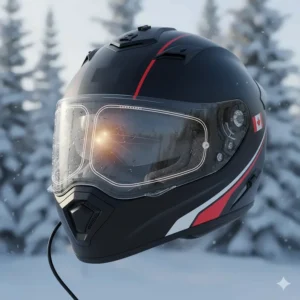 Illustration of an electric heated visor system on a premium Canadian snowmobile helmet to prevent fogging in sub-zero temperatures.