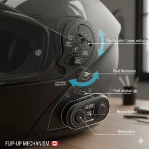 Technical drawing of a modular helmet mechanism showing the transition from full-face protection to open-face convenience.