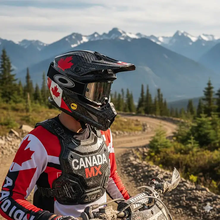 A professional rider wearing the best motocross helmet in Canada, featuring a carbon fiber shell and MIPS protection, overlooking a rugged trail in British Columbia.