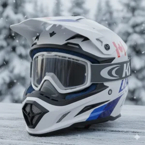A diagram of a motocross helmet with a breath box and dual-pane goggles, optimized for cold-weather trails in Quebec and Ontario.