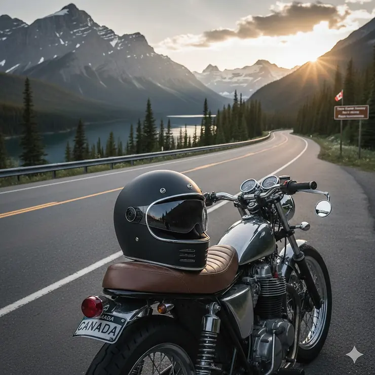 A high-quality matte black open face helmet with a drop-down sun visor, ideal for touring the scenic highways of Western Canada.