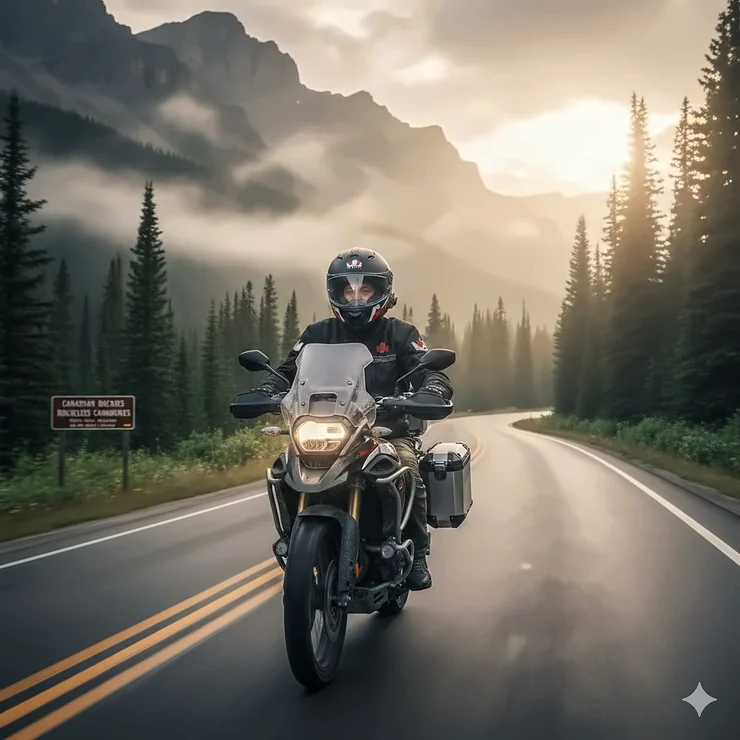 A motorcyclist wearing the best Pinlock visor insert for fog-free riding on a misty morning in the Canadian Rockies.