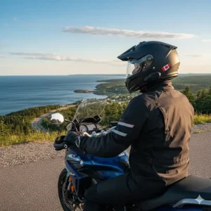 A rider wearing a premium quiet full face motorcycle helmet while touring the scenic Cabot Trail in Nova Scotia, Canada.