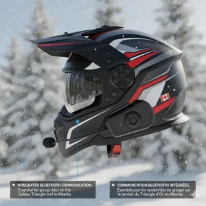 Integrated Bluetooth communication system in a snowmobile helmet, essential for group rides on the Golden Triangle trail in Alberta.