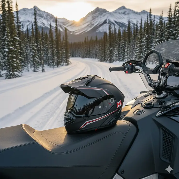 Best snowmobile helmet in Canada for 2026 featuring a modular design and heated visor on a snowy trail in the Rockies. best snowmobile helmet Canada