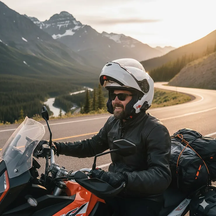 A motorcyclist wearing a premium touring modular helmet with the visor up, parked overlooking the Icefields Parkway in Alberta, Canada.