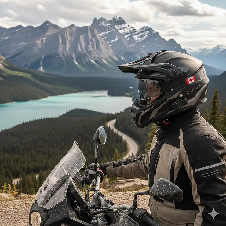 A motorcyclist wearing the best value adventure helmet in Canada while overlooking a scenic mountain range in Banff, Alberta.