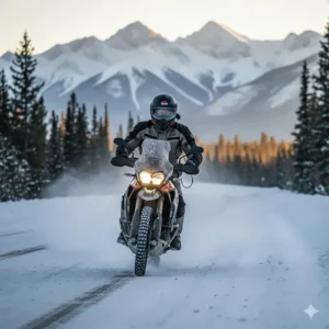 A motorcyclist wearing a specialized winter motorcycle helmet with a dual-pane anti-fog shield, riding through a snowy landscape in the Canadian Rockies.