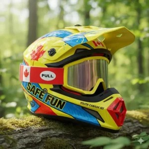 A colorful illustration of a lightweight youth dirt bike helmet with emergency release cheek pads, perfect for young Canadian riders.