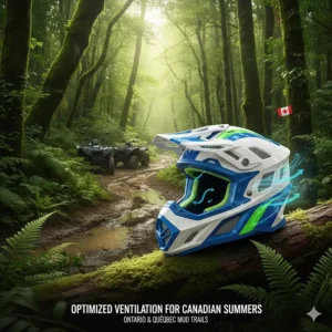 Illustration of an ATV helmet with advanced ventilation for summer riding on mud trails in Ontario and Quebec.
