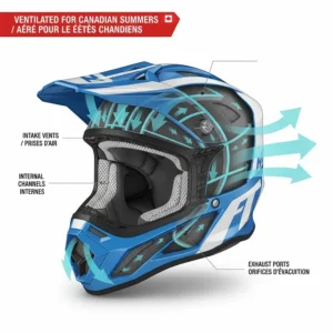 High-airflow ventilation system in a youth MX helmet designed for comfort during Canadian summer rides.