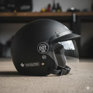 Illustration showing a half helmet with sun visor featuring the DOT safety certification stamp required for Canadian roads.