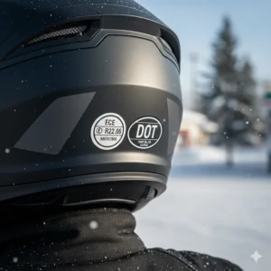 An illustration of ECE 22.06 and DOT safety certification stickers on the back of a winter motorcycle helmet for legal use in Canada.