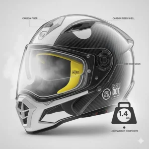 Illustration highlighting the lightweight carbon fiber shell of a high-end adventure motorcycle helmet for long-distance touring.