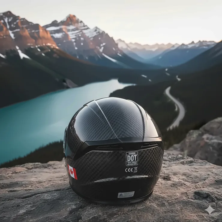 A lightweight carbon fiber motorcycle helmet with DOT and ECE certification stickers, displayed against a Canadian Rockies backdrop.
