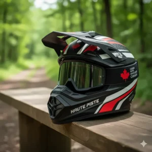 Illustration d'un casque de motocross haut de gamme avec visière ajustable, idéal pour les amateurs de moto hors route au Canada (Best motocross helmet Canada guide).
