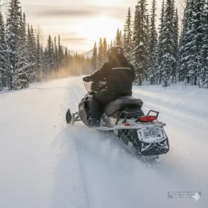 A rider wearing a DOT-certified snowmobile helmet on the Trans-Quebec Trail, reflecting the best safety gear for Canadian winters.