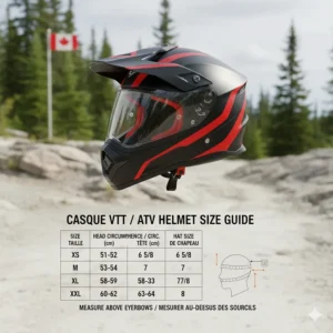 A bilingual size guide for a casque VTT (ATV helmet) ensuring a snug, safe fit for Canadian off-road enthusiasts.