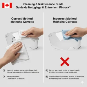 Diagram showing the proper way to clean a moisture-absorbing Pinlock lens without scratching the surface.