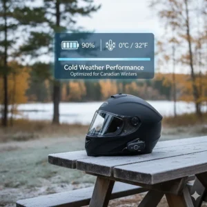 Illustration showing a bluetooth helmet system battery performance in cold Canadian autumn temperatures.