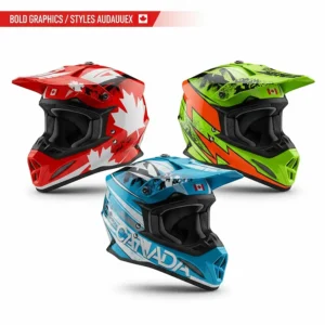 Stylish youth motocross helmet designs available for the Canadian market featuring bold colors and graphics.