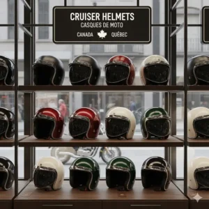 A display of premium cruiser helmets (casques de moto) for Canadian enthusiasts.