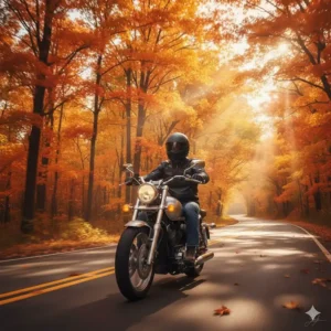 Illustration of a motorcycle rider in a DOT approved half shell helmet passing through a scenic Ontario maple forest in autumn.