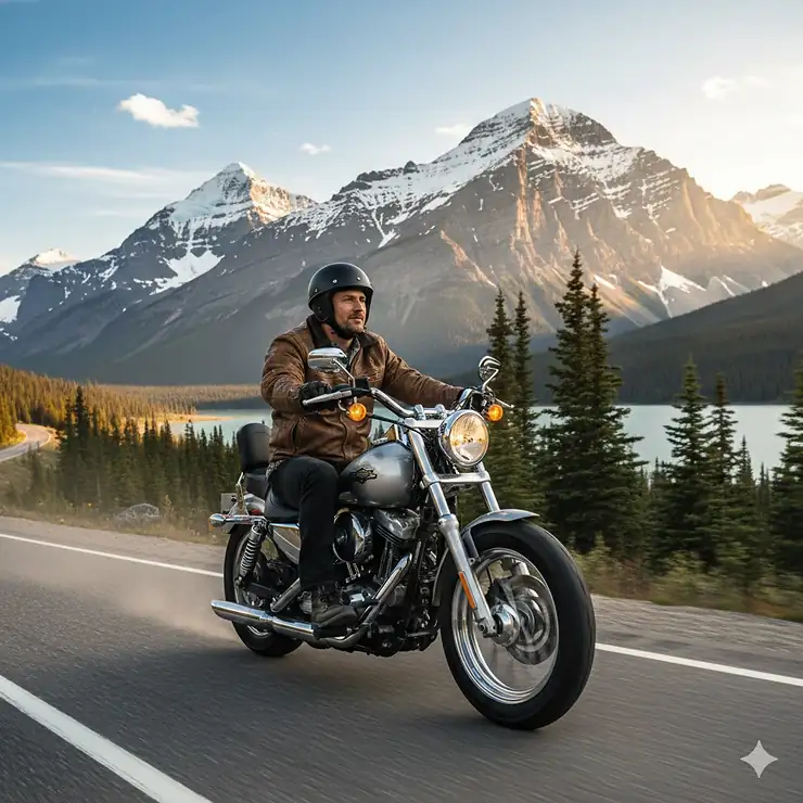 A rider wearing a DOT approved half helmet on a cruiser motorcycle touring the Icefields Parkway in Alberta, Canada. DOT approved half helmets