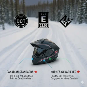 Infographic showing DOT and ECE 22.06 safety ratings required for the best snowmobile helmets sold in the Canadian market.